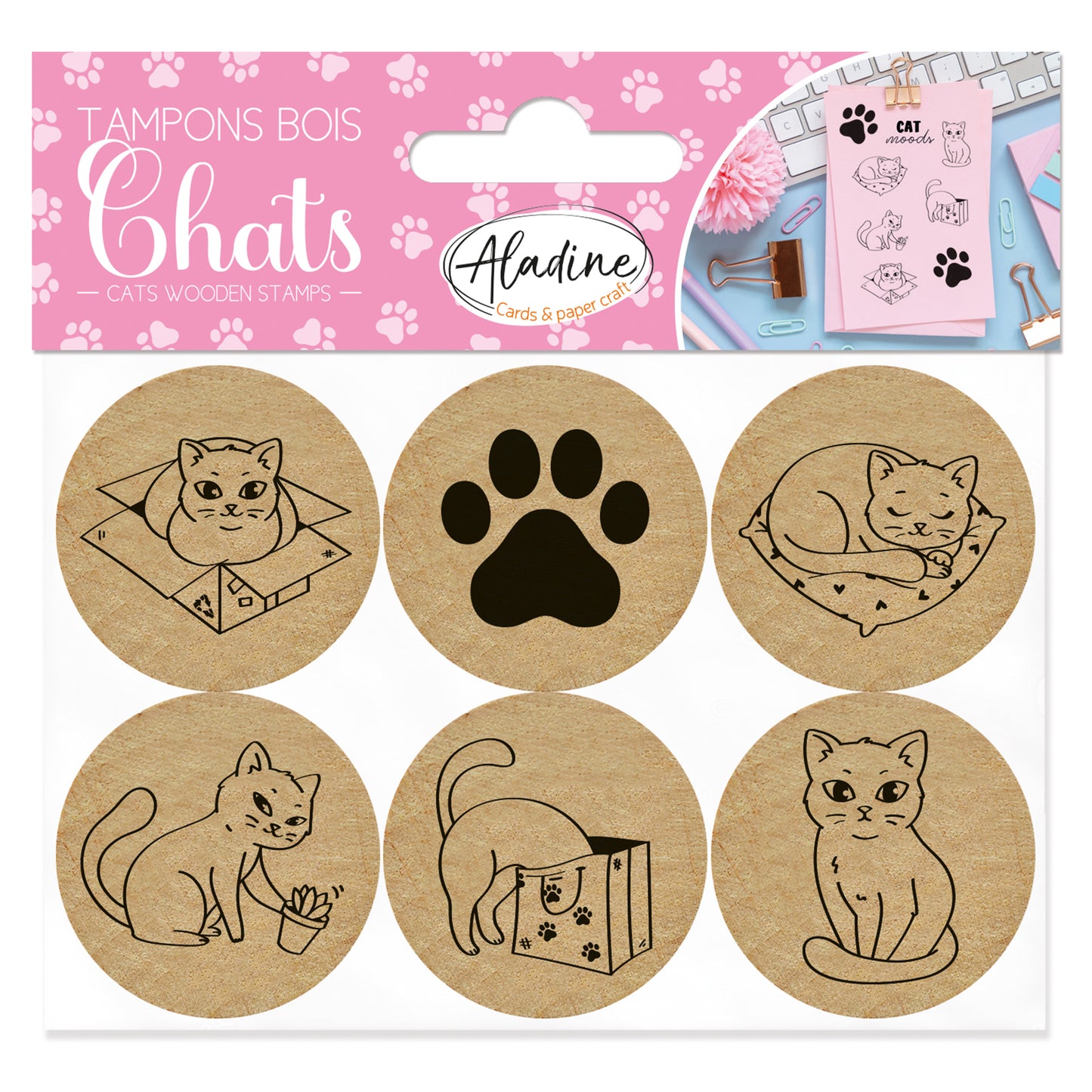 Aladine Ronde Houten Stempels Katten 6 stuks