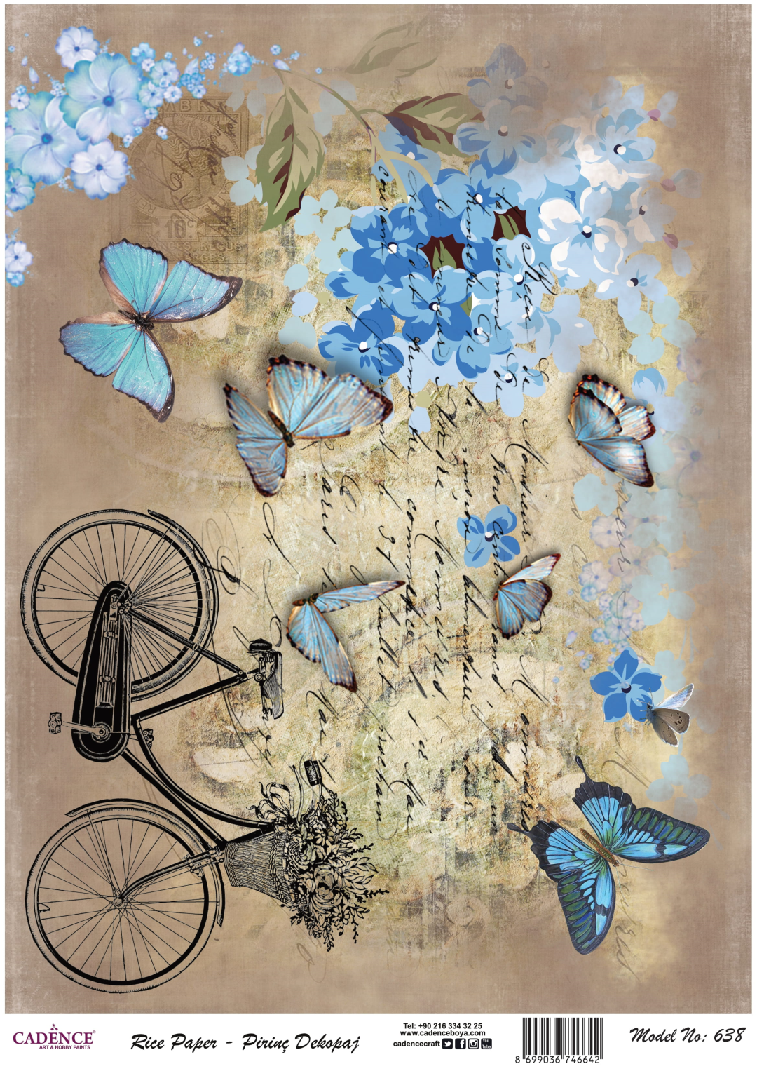 Cadence Reispapier Decoupage 638 30x42 cm Schmetterlinge Fahrrad