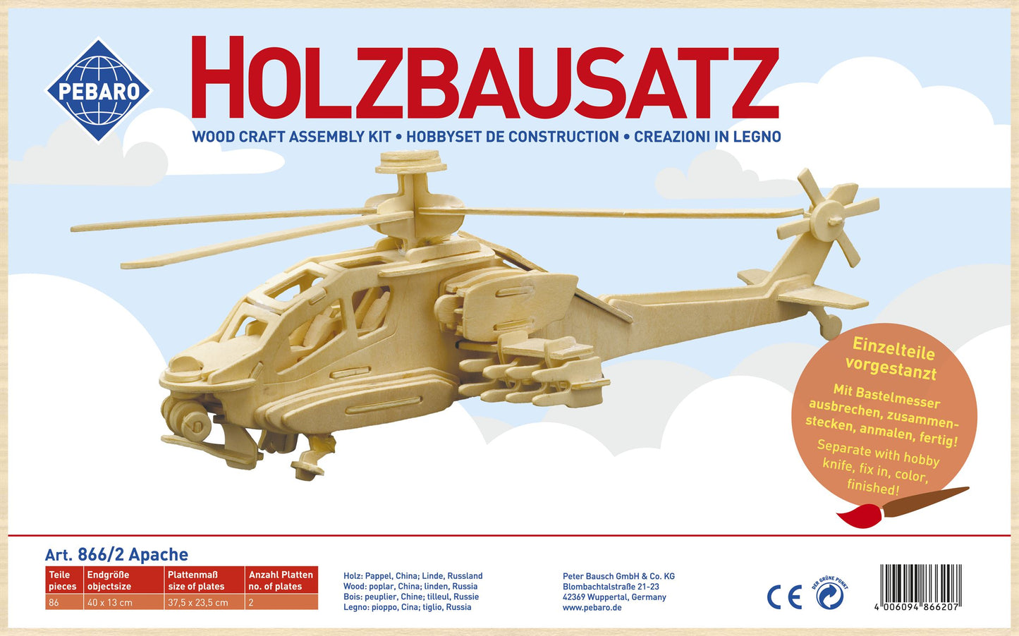 Pebaro Wooden Construction Kit Apache Helicopter