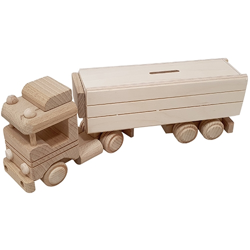 Houten Vrachtwagen met Oplegger Spaarpot 31x6,5x11 cm