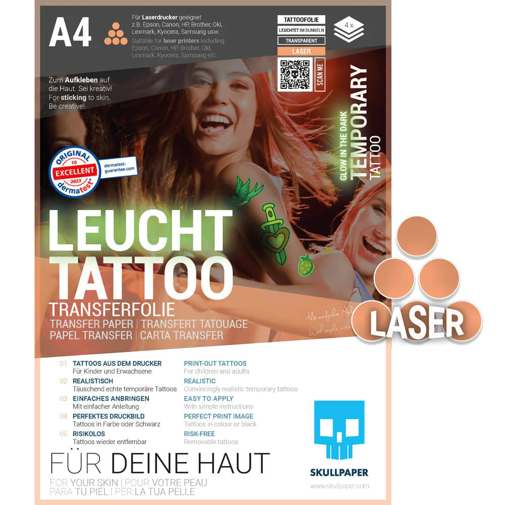 Skullpaper Tattoo Folie Laser A4 4 Blatt Glow in the Dark