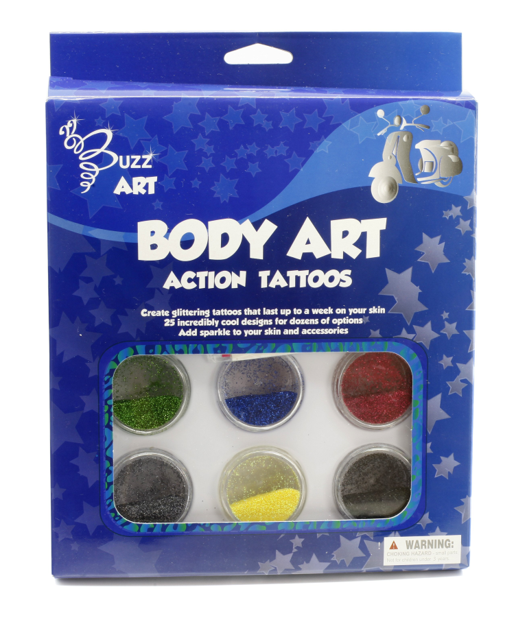 Buzz Glitzertattoos 6 Farben Glitter mit Designs