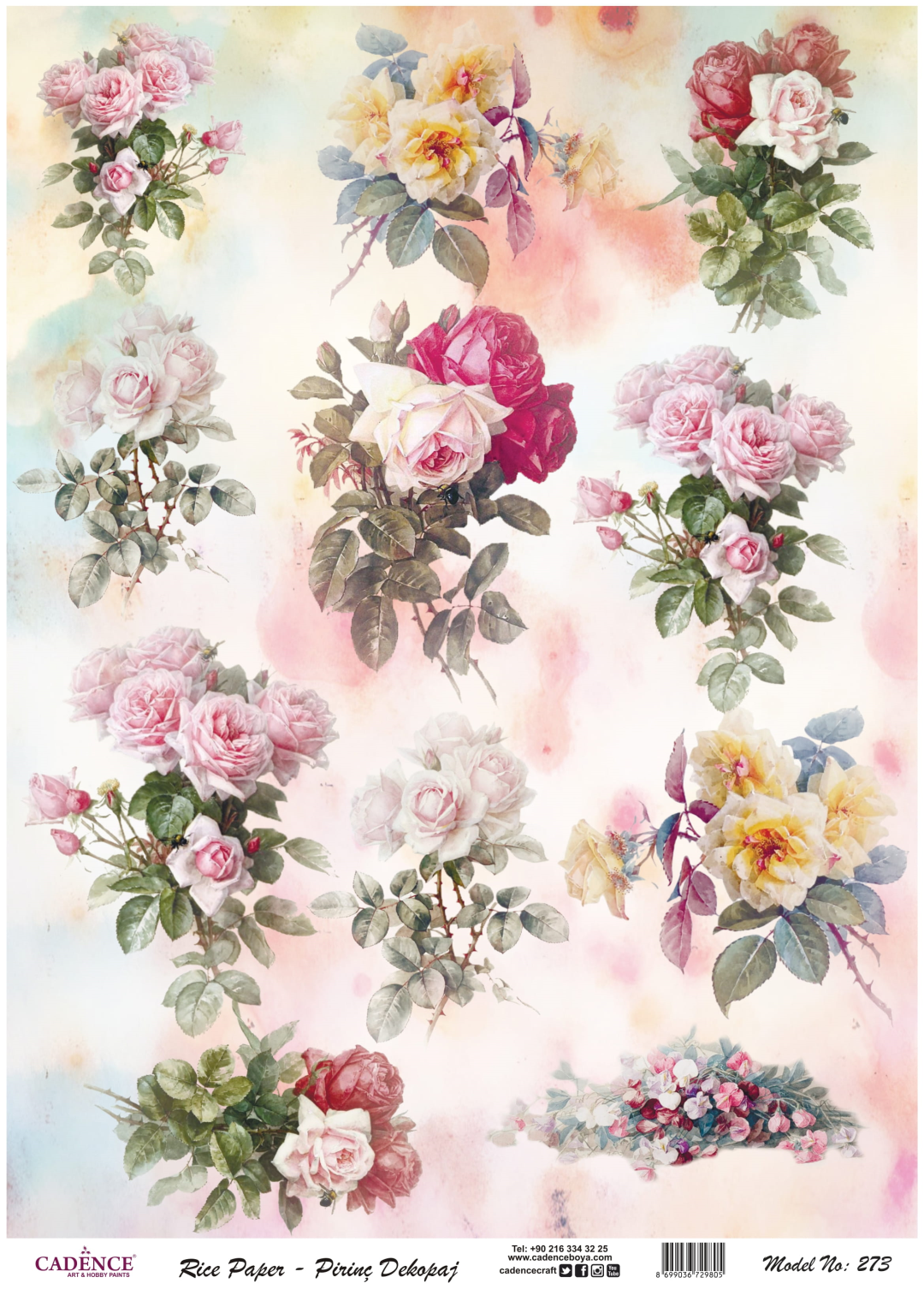 Cadence Rijst Decoupagepapier 273 30x42 cm Rozen Aquarel