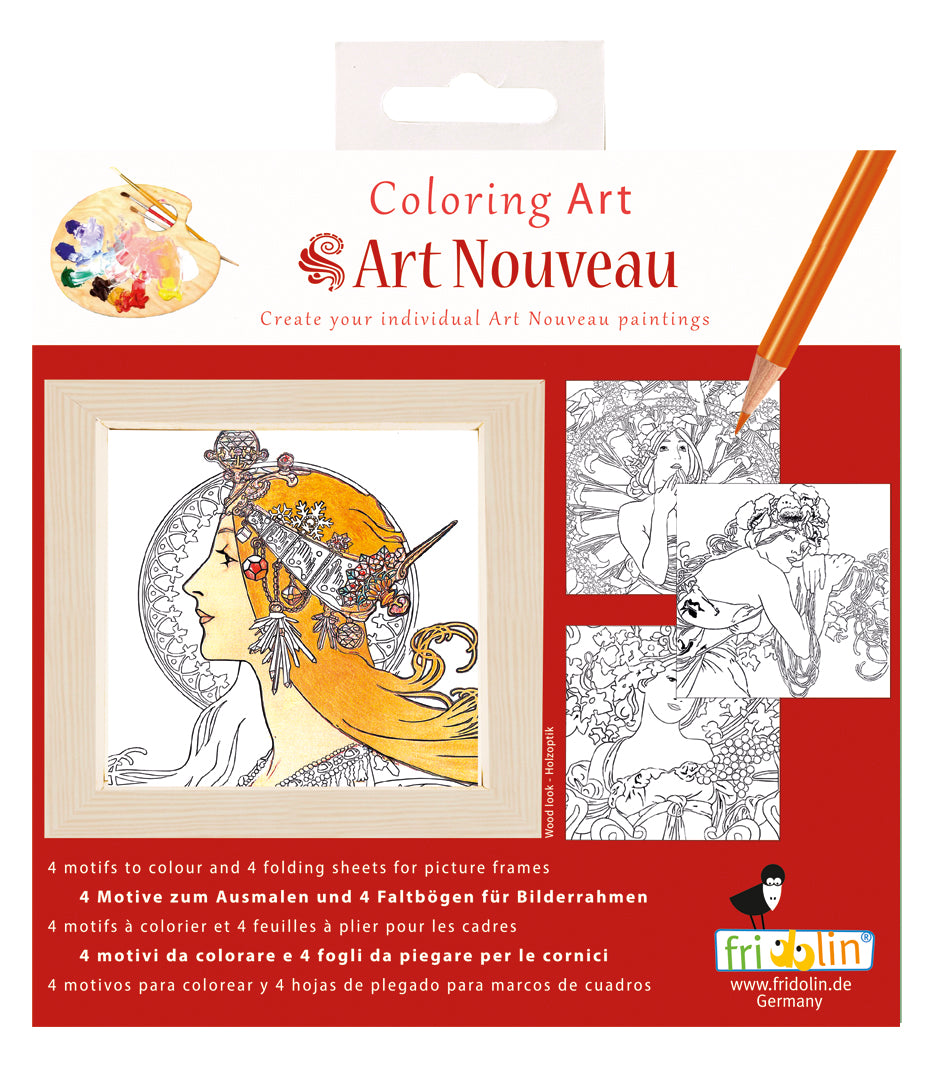 Fridolin Coloring Art Kit 4 Kleurplaten met Lijst 15x15 cm Art Nouveau