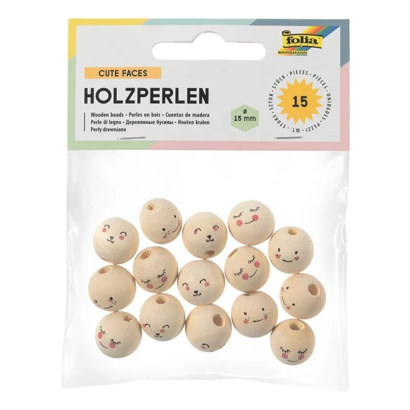 Folia Houten Kralen Schattige Gezichten - 15 Stuk