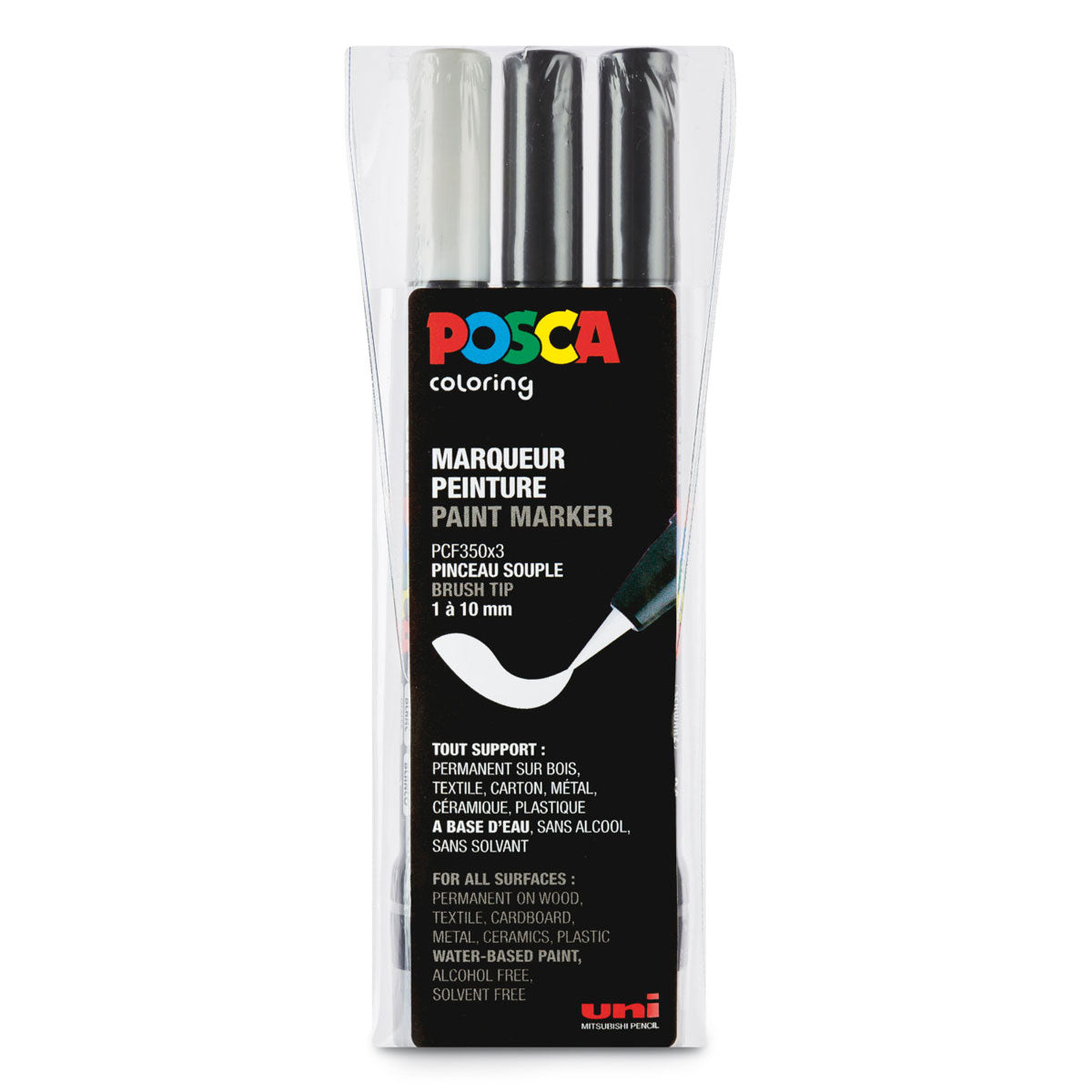 Uni Posca Pinsel 3er Set F350 Schwarz Weiß