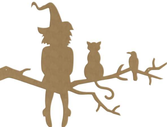 Gomille MDF Figure Branch with Witch, Cat and Crow 49x36 cm